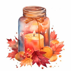 Obraz na płótnie Canvas Fall autumn floral mason jar. Autumn lights cozy fall AI watercolor generative