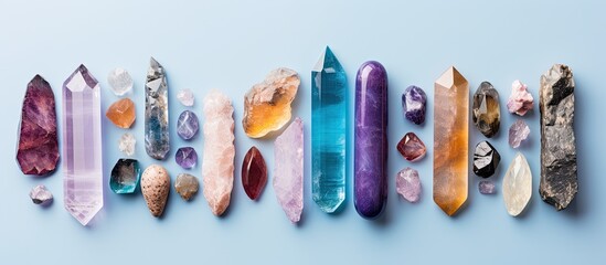 Photo of various crystals on a vibrant blue backdrop with copy space