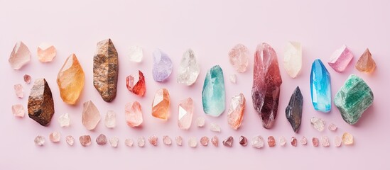 Photo of a vibrant collection of colorful crystals on a soft pink backdrop with copy space