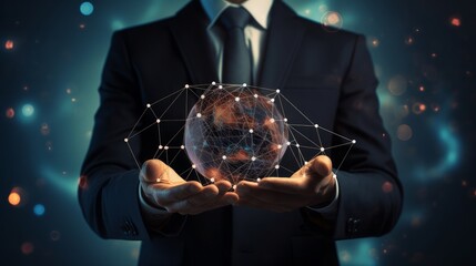Business man in the suit holding digital planet, technology