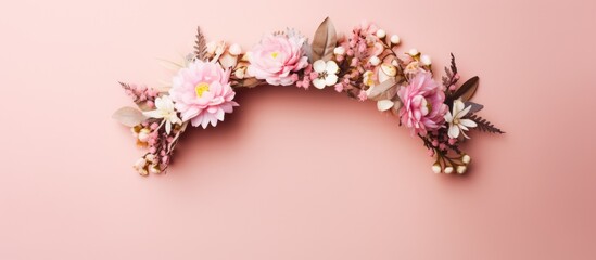 Fototapeta na wymiar Photo of a pink wall with a beautiful flower crown as a focal point with copy space