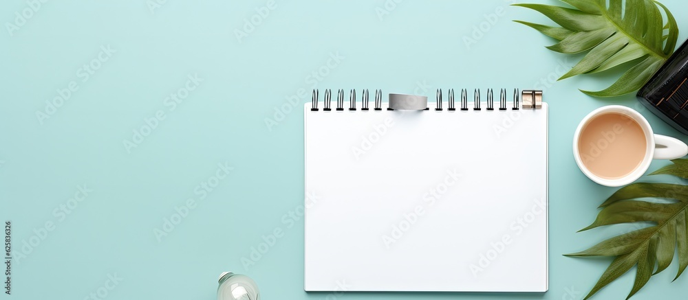 Poster photo of a desk with a notepad and a cup of coffee, perfect for a productive work day with copy spac