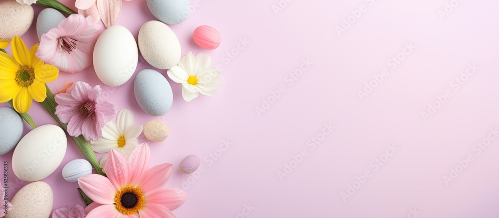 Poster Photo of a colorful arrangement of flowers and eggs on a vibrant pink background with plenty of space for text or design elements with copy space