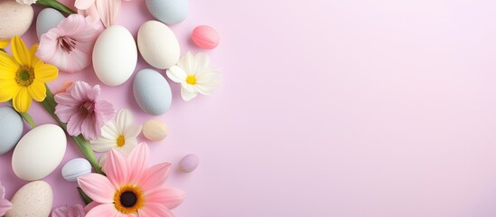 Photo of a colorful arrangement of flowers and eggs on a vibrant pink background with plenty of space for text or design elements with copy space