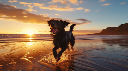 a dog playing fetch on a beach at sunrise: The playful silhouette of a dog bounding after a ball, with the early morning sun painting the sky and waves in warm hues, capturing the sheer joy of pets an