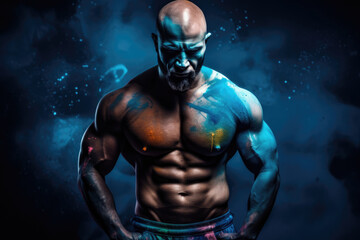 Muscular shirtless man with skin painted with Holi colors. Ai generated.