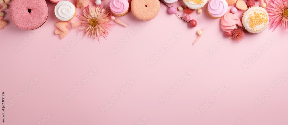 Poster photo of colorful candies on a pink background with space for text or design with copy space