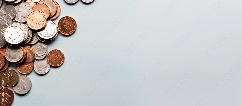 Poster Photo of a stack of coins on a wooden table with empty space for text or design with copy space