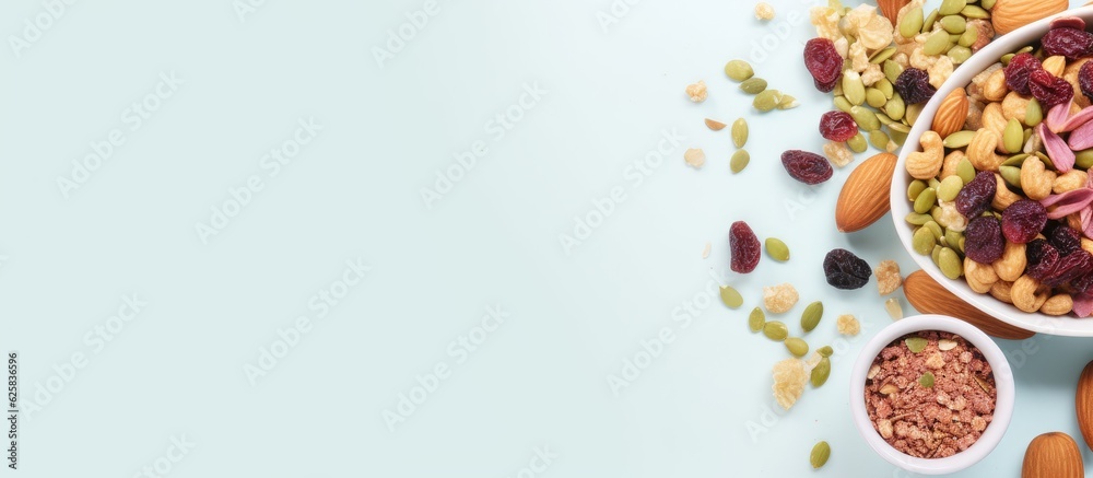 Poster photo of a variety of nuts in a white bowl, perfect for snacking or adding to recipes with copy spac