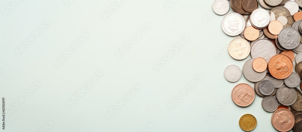 Poster Photo of a stack of coins on a surface with empty space for text or design with copy space