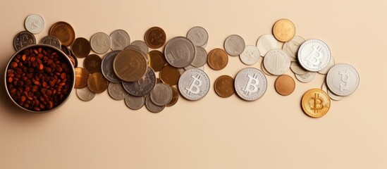 Photo of various coins arranged on a wall with copy space