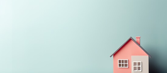 Photo of a cute pink dollhouse on a wooden table with ample space for imaginative play with copy space