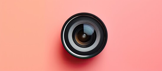 Photo of a camera lens on a vibrant pink background with copy space - obrazy, fototapety, plakaty
