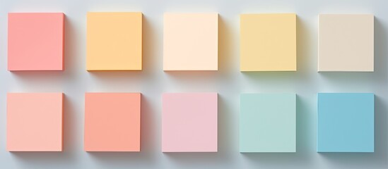 Photo of a colorful abstract art installation with pastel squares on a wall with copy space