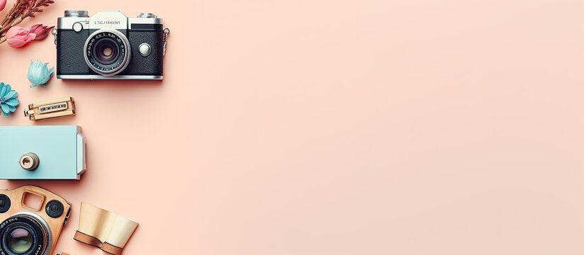 Photo of a camera and other items on a pink background with copy space with copy space