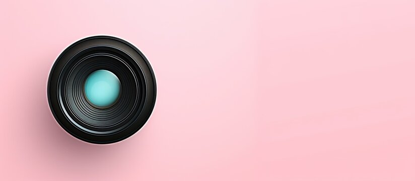 Photo of a camera lens against a vibrant pink background with ample copy space with copy space