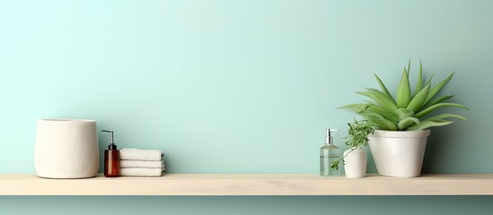 Photo of a shelf with a potted plant and bottles, offering a serene and minimalistic aesthetic with copy space