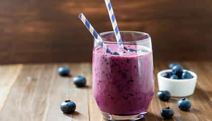 glass of fresh homemade blueberry smoothie with straw on wooden table. Protein cocktail. Healthy...