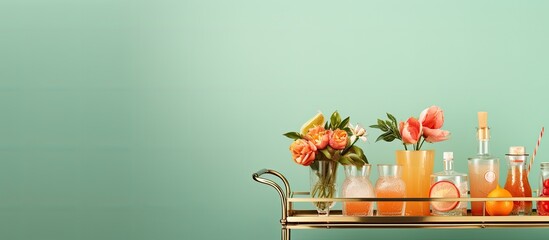 Photo of a well stocked bar cart with a variety of drinks for all tastes with copy space