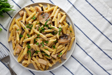 Homemade One-Pot Creamy Chicken Marsala Pasta with Parsley on a Plate, top view.