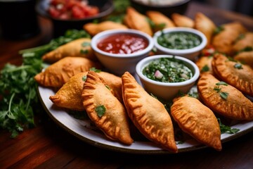 plate full of Empanadas served with cilantro garnishing and spicy tomato salsa, captured under natural light
