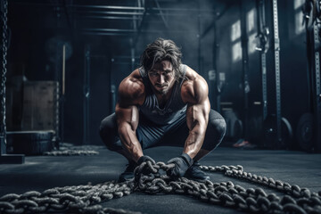 Fototapeta na wymiar Muscular man working out in gym doing exercises, strong male naked torso abs. Ai generated.