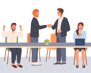 Fototapeta premium Colleagues shaking hands near table, assistants rejoices. Successful conclusion of contract, win. Effective deal. Strategy of victory. Successful completion of group task. Flat vector illustration