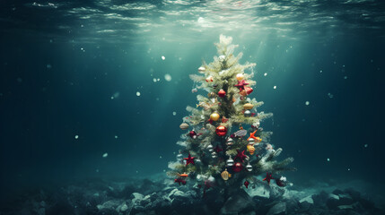 Fototapeta na wymiar Christmas tree under water. AI