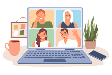 Females and males talking on video call together. Vector characters greet each other during online communication. Online meeting, video conference with several participants. Flat vector illustration