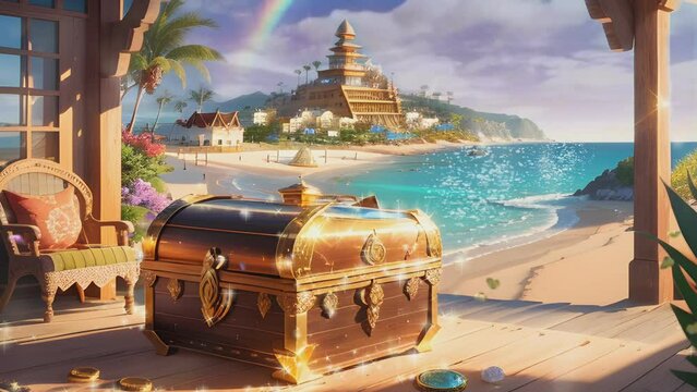 a sparkling treasure chest on a tropical beach. Cartoon or anime watercolor painting illustration style. seamless looping 4K time-lapse virtual video animation background.
