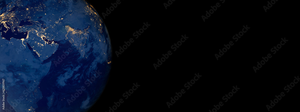 Wall mural earth at night from space on black background banner. elements of this image furnished by nasa.