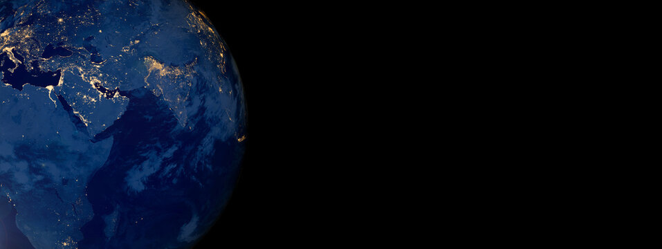 Earth at night from space on black background banner. Elements of this image furnished by NASA.