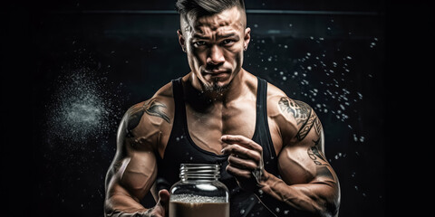 Fototapeta na wymiar Muscular man with protein drink in shaker over dark background. Ai generated.