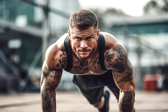 Picture of a young athletic man doing push ups outdoors. Ai generated.