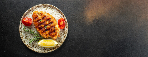 Grilled chicken fillet and vegetables. superfood concept. Healthy, clean eating. Long banner format. top view