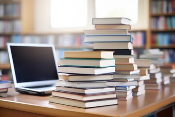 Fototapeta premium Education concept with laptop and books stack with library background. Generative AI