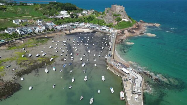 Overhead birds eye drone aerial view  Gorey, harbour Mont Orgueil Castle , Jersey Channel Islands drone,aerial
