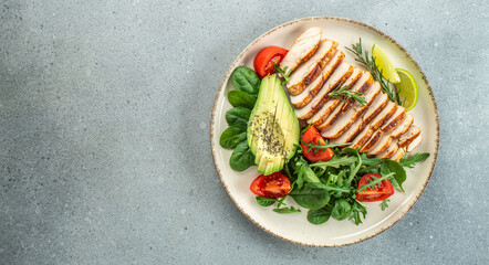 Grilled chicken or turkey breast with fresh vegetable salad, organic healthy products. Detox and...