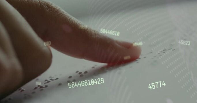 Animation of numbers over caucasian schoolchild reading braille