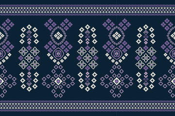 Ethnic geometric fabric pattern Cross Stitch.Ikat embroidery Ethnic oriental Pixel pattern navy blue background. Abstract,vector,illustration. Texture,clothing,frame,decoration,motifs,silk wallpaper.