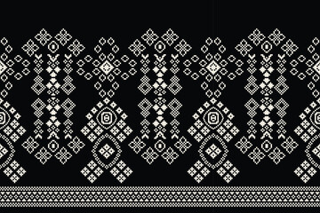 Ethnic geometric fabric pattern Cross Stitch.Ikat embroidery Ethnic oriental Pixel pattern black background. Abstract,vector,illustration. Texture,clothing,frame,decoration,motifs,silk wallpaper.