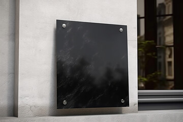 Blank black glass signplate on textured wall mockup