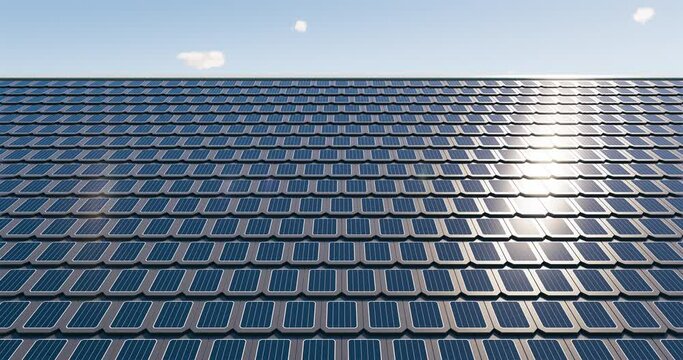 3d rendering of solar or photovoltaic shingles in perspective on roof of home or house building. System technology to generate electrical power or direct current electricity by light or sunlight.