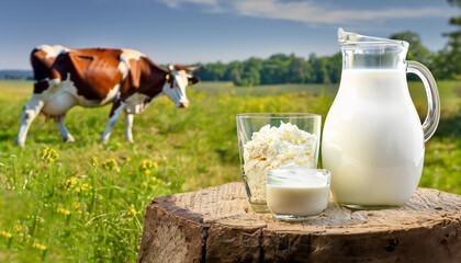 milk in glass jug and cottage cheese on wooden stump with grazing cow on the meadow as background