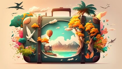 world tourism day, Asia summer travel vacation banner. Generative AI illustration.
