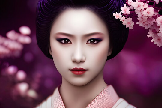 Portrait of a beautiful young Geisha or Maiko in pink and purple tones, with cherry blossoms. Generative AI.