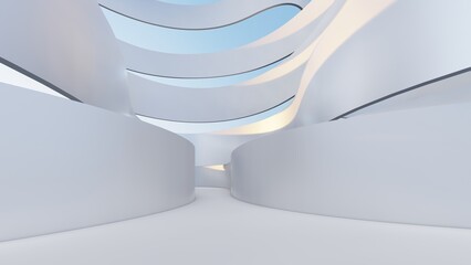 Abstract architecture background metallic curved walls 3d render