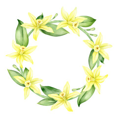 Frame of yellow vanilla flowers. Wreath with tropical exotic flowers. Watercolor illustration. Isolated. Flavoring for cooking. For greeting cards, postcard, scrapbooking, packaging design
