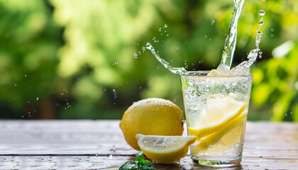 splashing lemonade in glass on wooden table with green blurred background. Summer refreshing drink....
