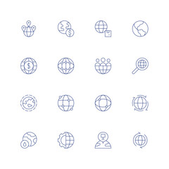 Global line icon set on transparent background with editable stroke. Containing astronomy, global economy, logistic, earth, economy, global network, team, global, worldwide, world, globe, placeholder.